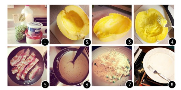 1. Milk, english peas, light cream cheese, & parmesan 2. Slicing that squash was not easy, but all my digits are intact  3. You can really scrape all the way out to the skin, so waste not! 4. Spaghetti Squash is no longer daunting, it practically falls apart with no pressure. 5. BACON 6. The sauce with peas, great thickness to it that I wasn't expecting 7. Finished product 8. Happy (Empty) Plate! 